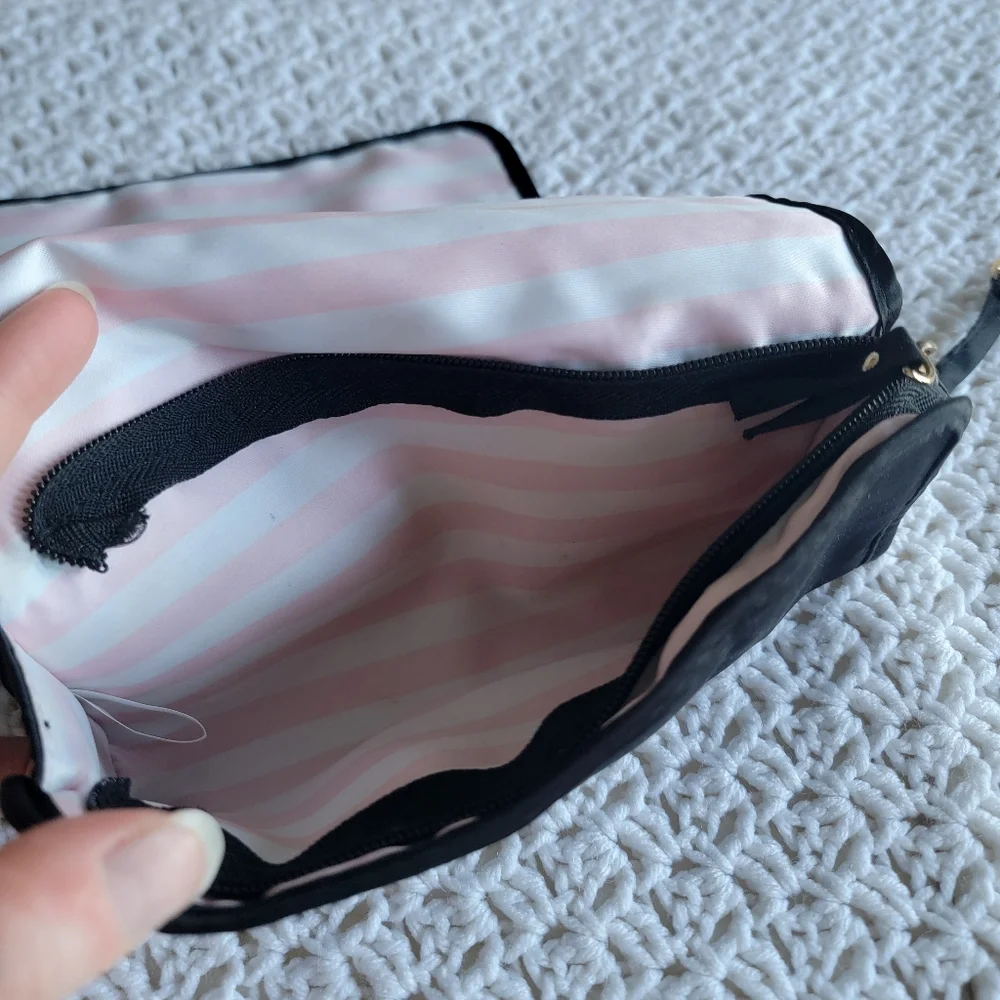 Victoria's Secret Jewelry Roll Travel Bag Black/VS Pink Stripes/Gold